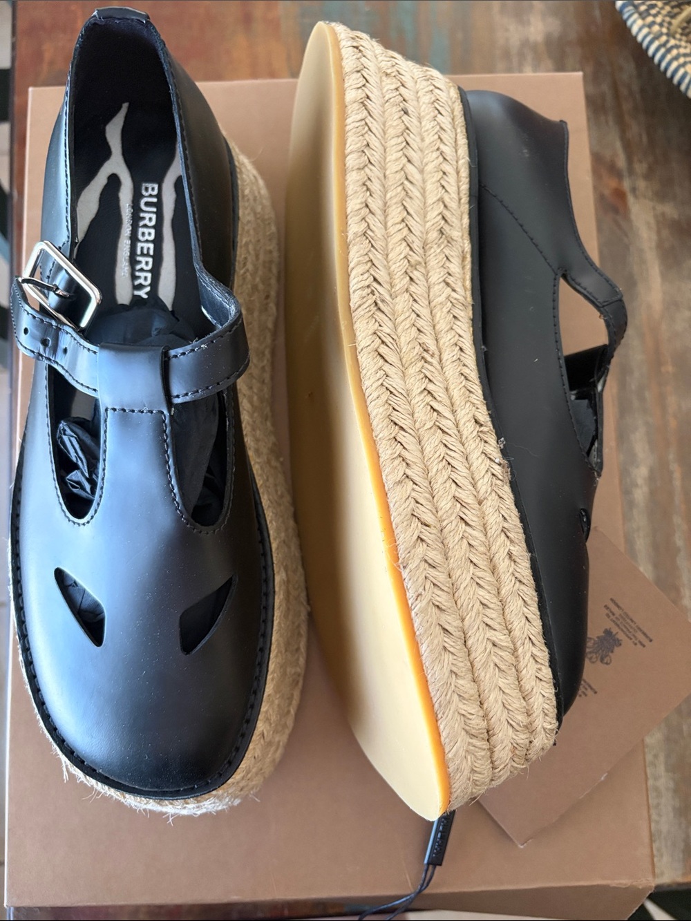 NWT Burberry Aldwych Black Platform Espadrille Mary Jane with Jute Sole